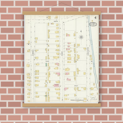 Old map wall art mockup — magnetic wood frame on brick wall — Sanborn Fire Insurance Map from Muncy, Lycoming County, Pennsylvania (1896), Sheet #0004