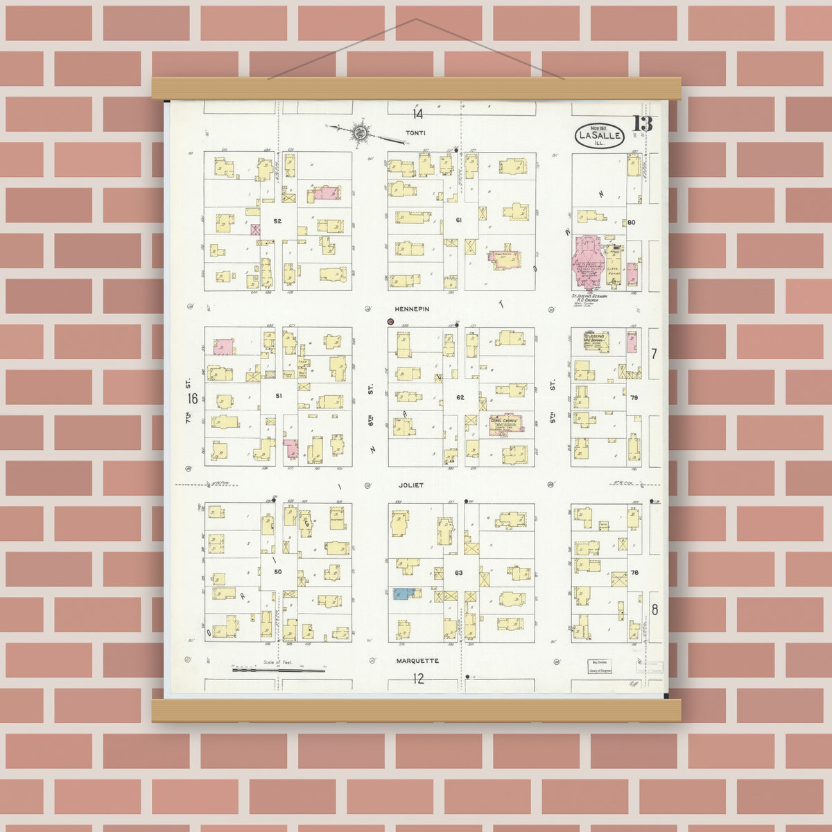 Old map wall art mockup — magnetic wood frame on brick wall — Sanborn Fire Insurance Map from La Salle, La Salle County, Illinois (1911), Sheet #0013