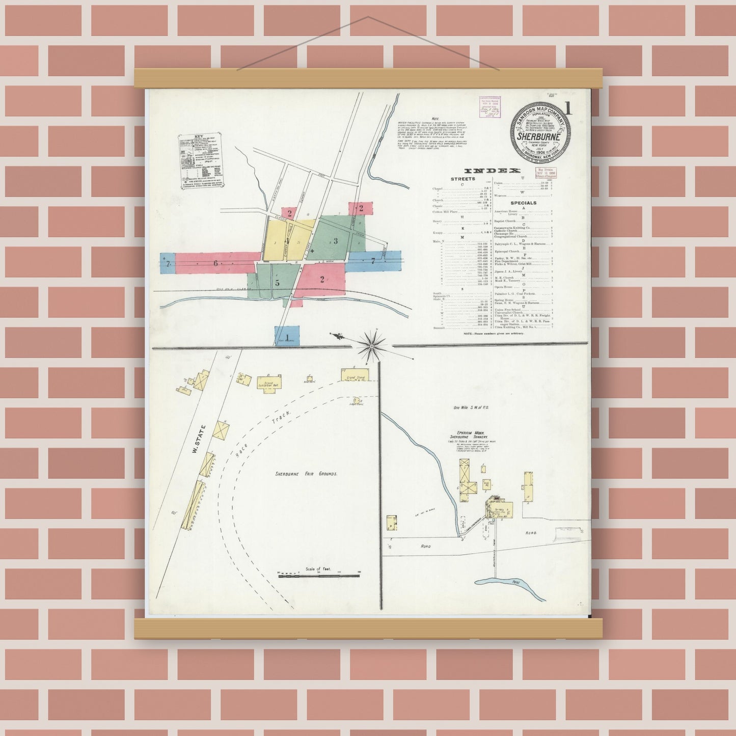 Old map wall art mockup — magnetic wood frame on brick wall — Sanborn Fire Insurance Map from Sherburne, Chenango County, New York (1906), Sheet #0001