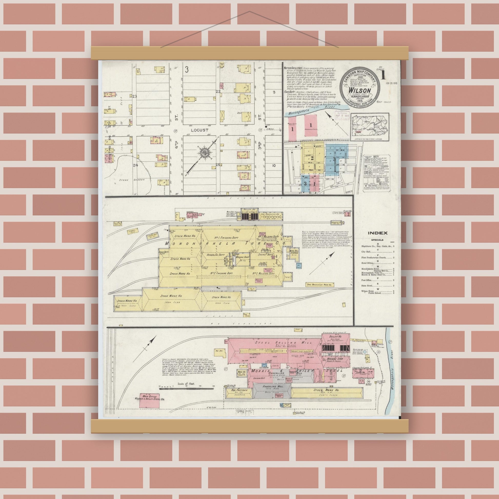 Old map wall art mockup — magnetic wood frame on brick wall — Sanborn Fire Insurance Map from Wilson, Allegheny County, Pennsylvania (1915) - Complete Map Set