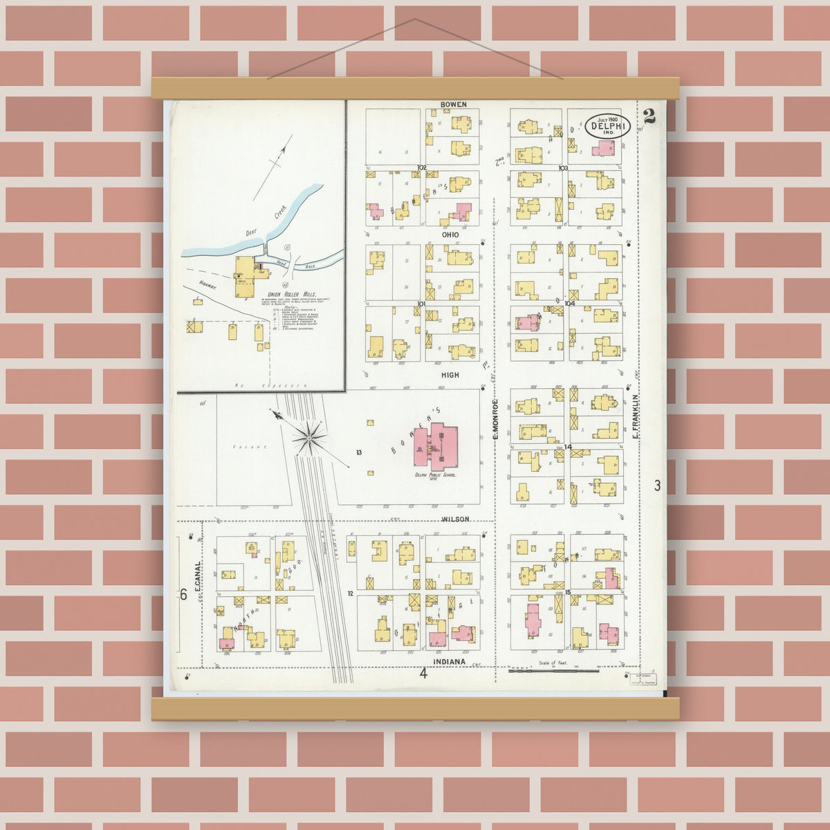 Old map wall art mockup — magnetic wood frame on brick wall — Sanborn Fire Insurance Map from Delphi, Carroll County, Indiana (1900), Sheet #0002