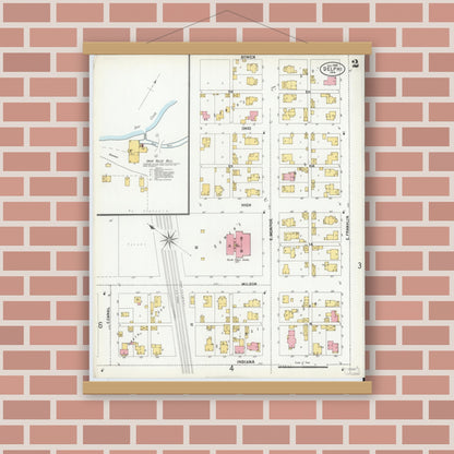 Old map wall art mockup — magnetic wood frame on brick wall — Sanborn Fire Insurance Map from Delphi, Carroll County, Indiana (1900), Sheet #0002