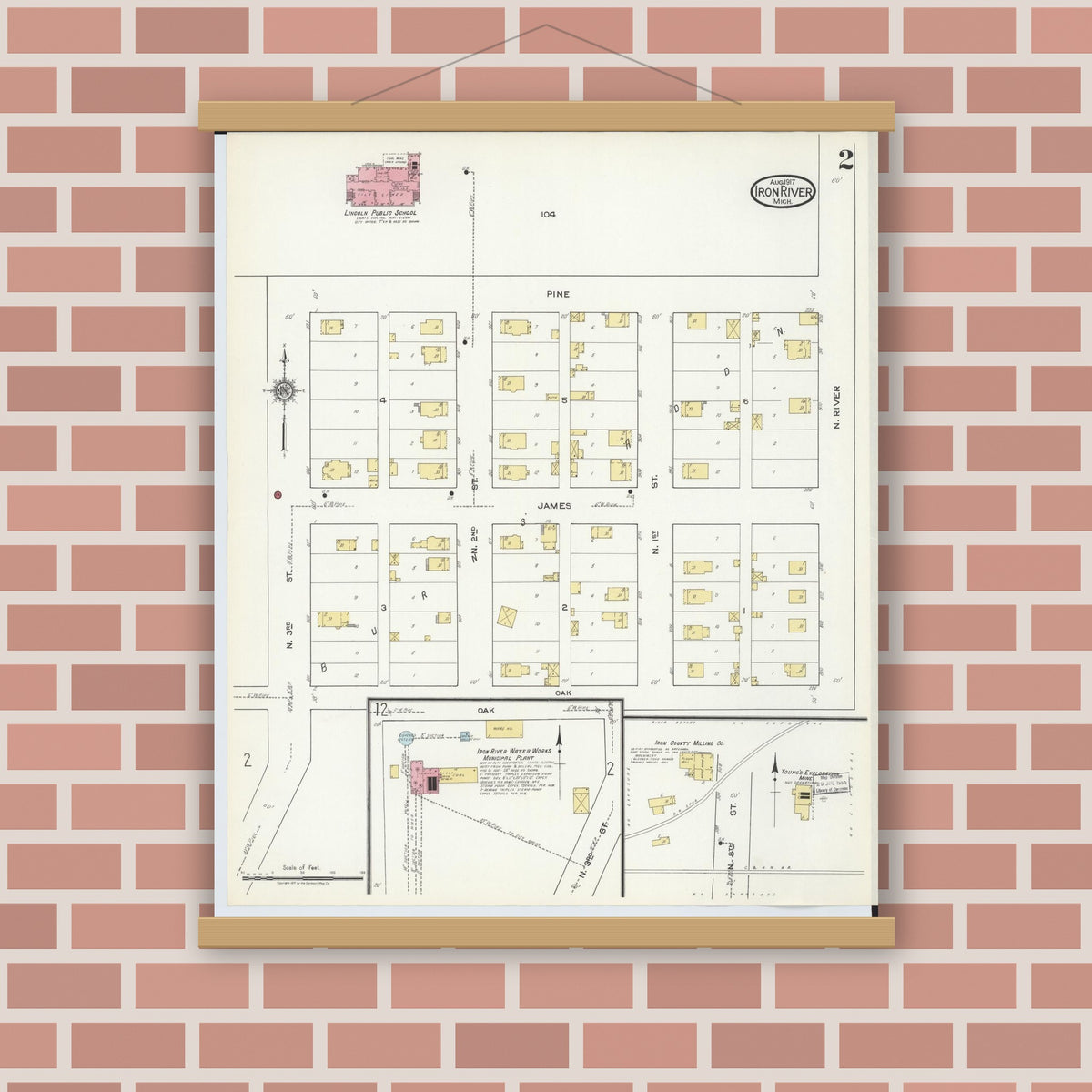 Old map wall art mockup — magnetic wood frame on brick wall — Sanborn Fire Insurance Map from Iron River, Iron County, Michigan (1917), Sheet #0002