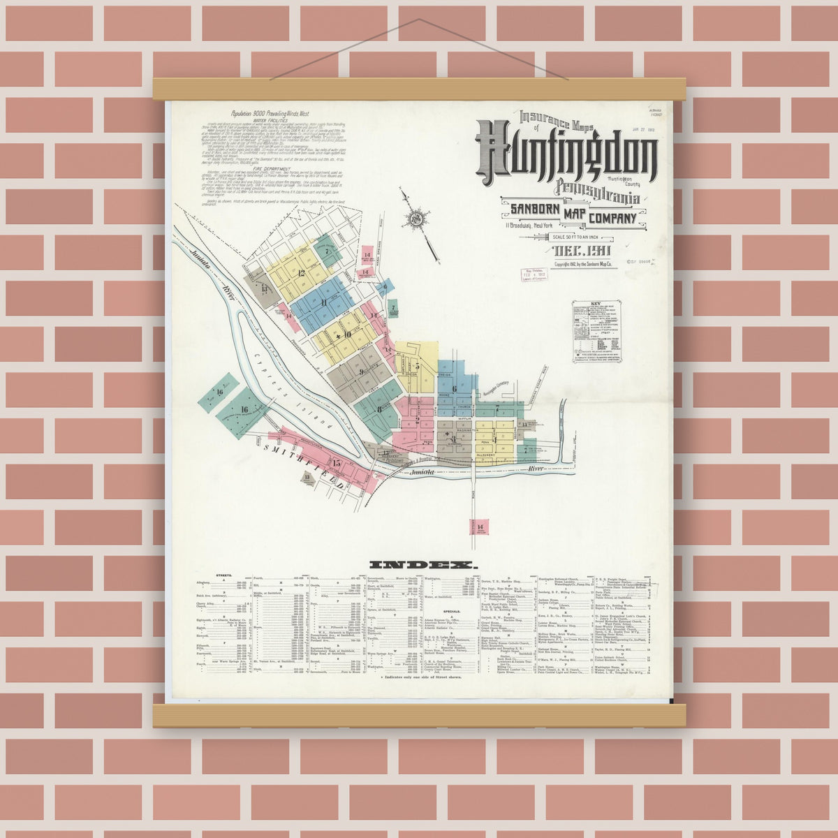 Old map wall art mockup — magnetic wood frame on brick wall — Sanborn Fire Insurance Map from Huntingdon, Huntingdon County, Pennsylvania (1911) - Complete Map Set