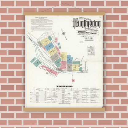 Old map wall art mockup — magnetic wood frame on brick wall — Sanborn Fire Insurance Map from Huntingdon, Huntingdon County, Pennsylvania (1911) - Complete Map Set