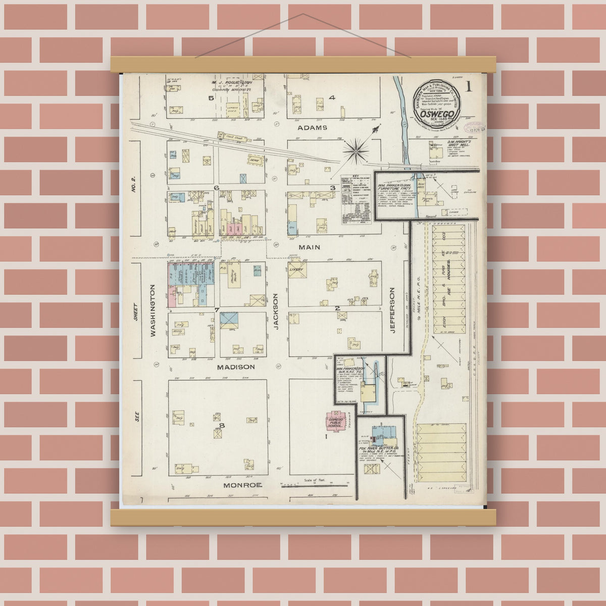 Old map wall art mockup — magnetic wood frame on brick wall — Sanborn Fire Insurance Map from Oswego, Kendall County, Illinois (1885), Sheet #0001