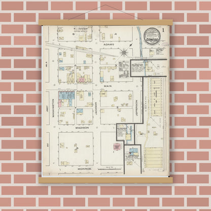 Old map wall art mockup — magnetic wood frame on brick wall — Sanborn Fire Insurance Map from Oswego, Kendall County, Illinois (1885), Sheet #0001