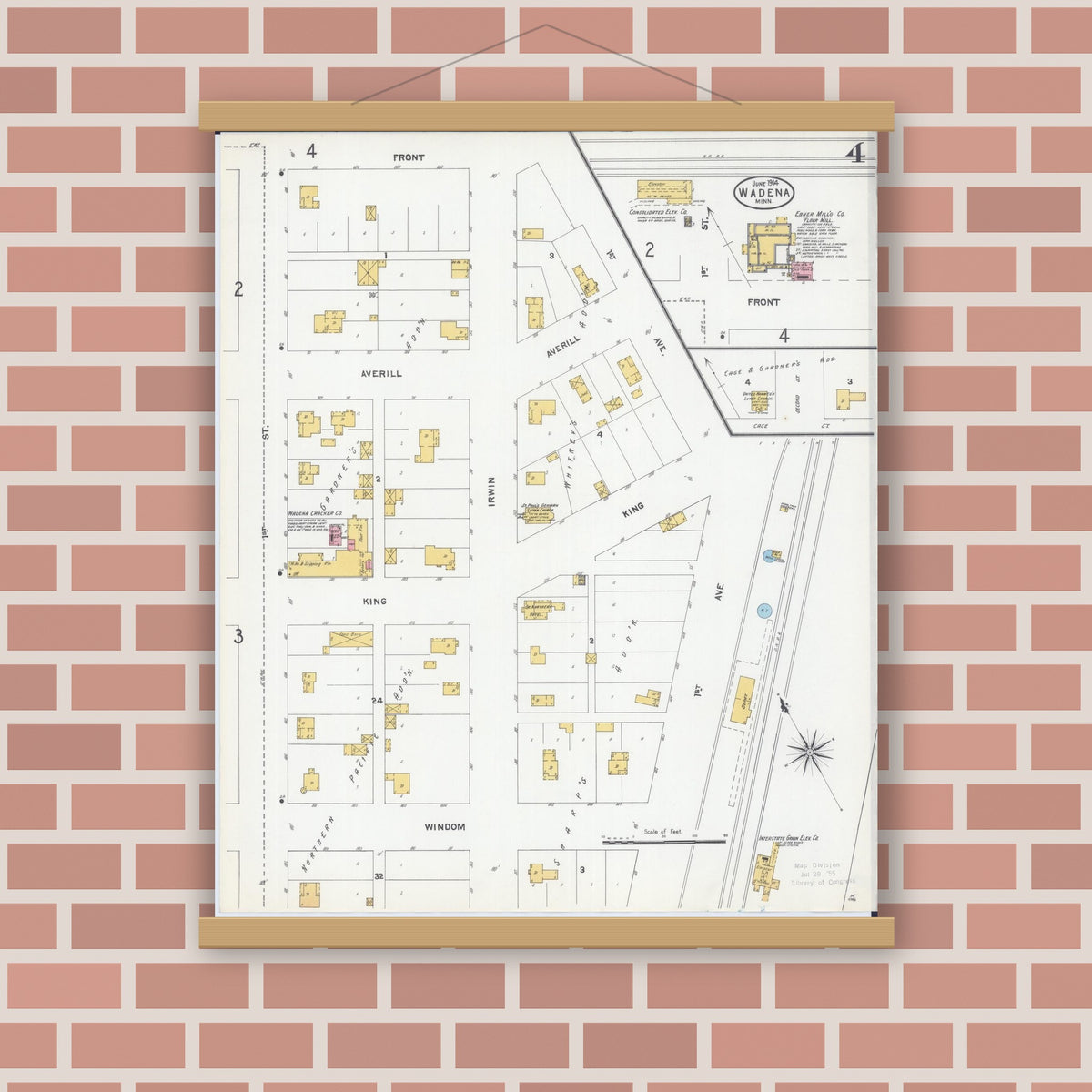 Old map wall art mockup — magnetic wood frame on brick wall — Sanborn Fire Insurance Map from Wadena, Wadena County, Minnesota (1904), Sheet #0004