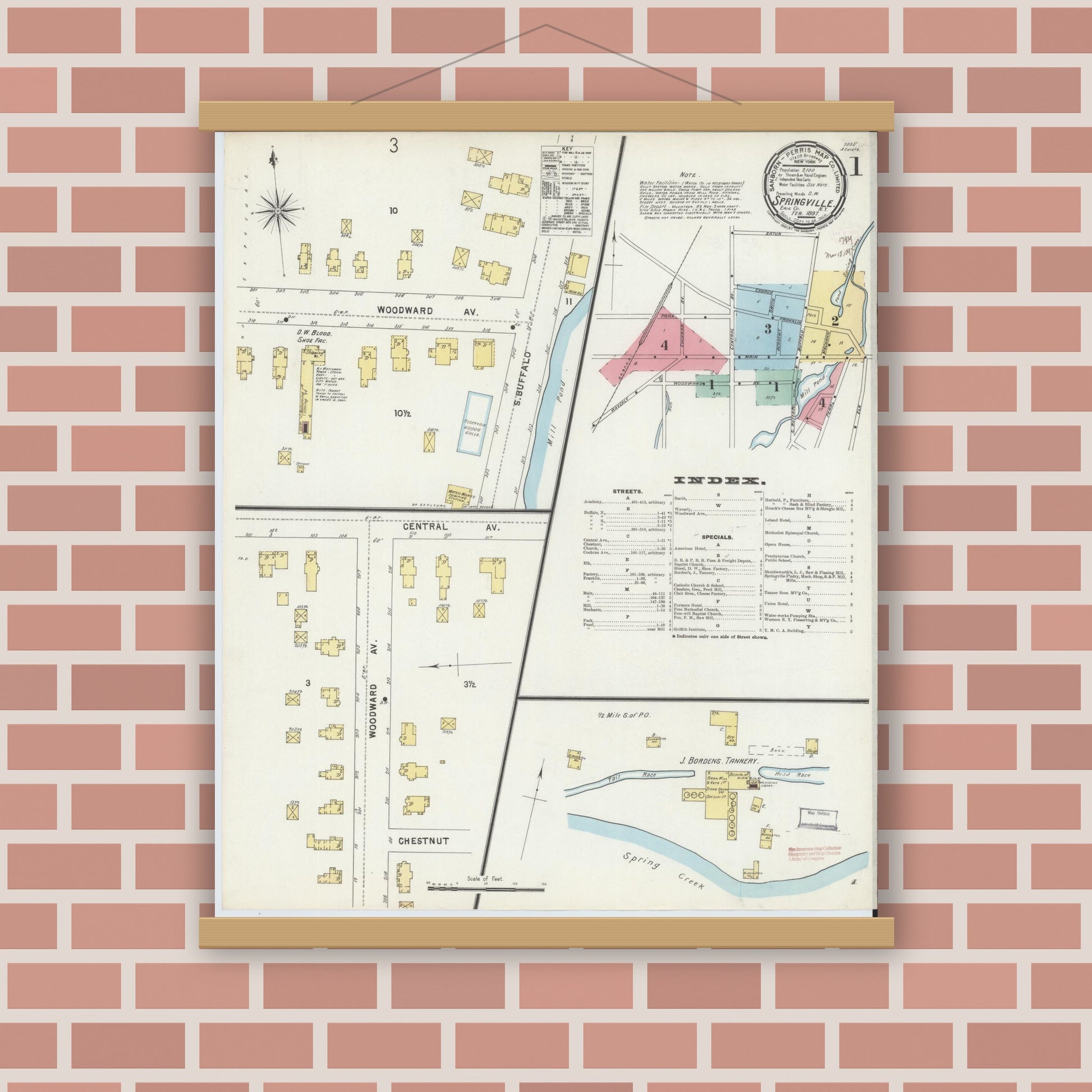 Old map wall art mockup — magnetic wood frame on brick wall — Sanborn Fire Insurance Map from Springville, Erie County, New York (1897), Sheet #0001
