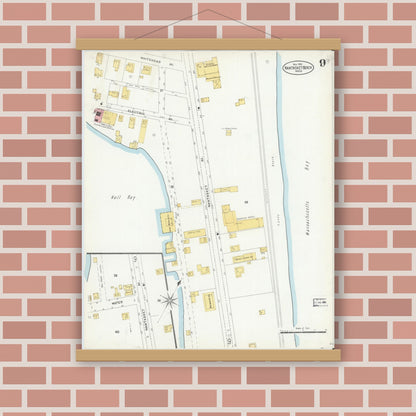 Old map wall art mockup — magnetic wood frame on brick wall — Sanborn Fire Insurance Map from Nantasket Beach, Plymouth County, Massachusetts (1903), Sheet #0009
