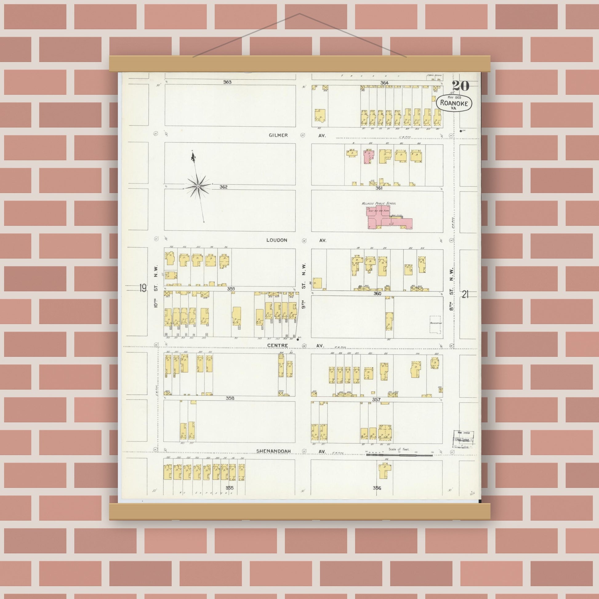Old map wall art mockup — magnetic wood frame on brick wall — Sanborn Fire Insurance Map from Roanoke, Independent Cities, Virginia (1903), Sheet #0020