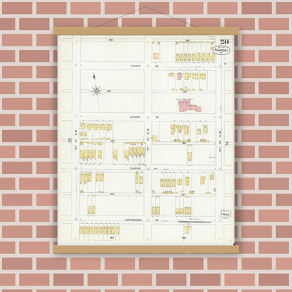 Old map wall art mockup — magnetic wood frame on brick wall — Sanborn Fire Insurance Map from Roanoke, Independent Cities, Virginia (1903), Sheet #0020
