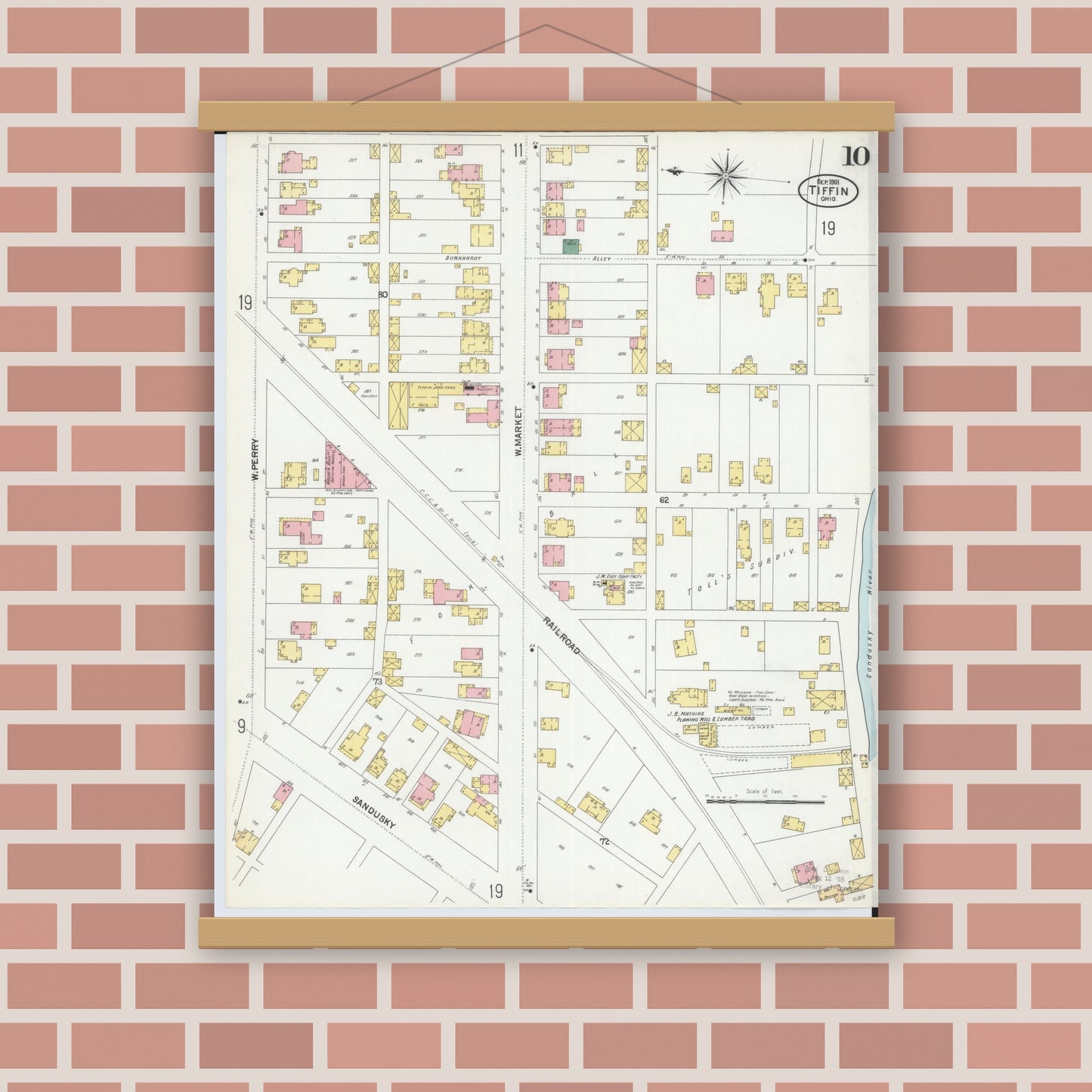 Old map wall art mockup — magnetic wood frame on brick wall — Sanborn Fire Insurance Map from Tiffin, Seneca County, Ohio (1901), Sheet #0010