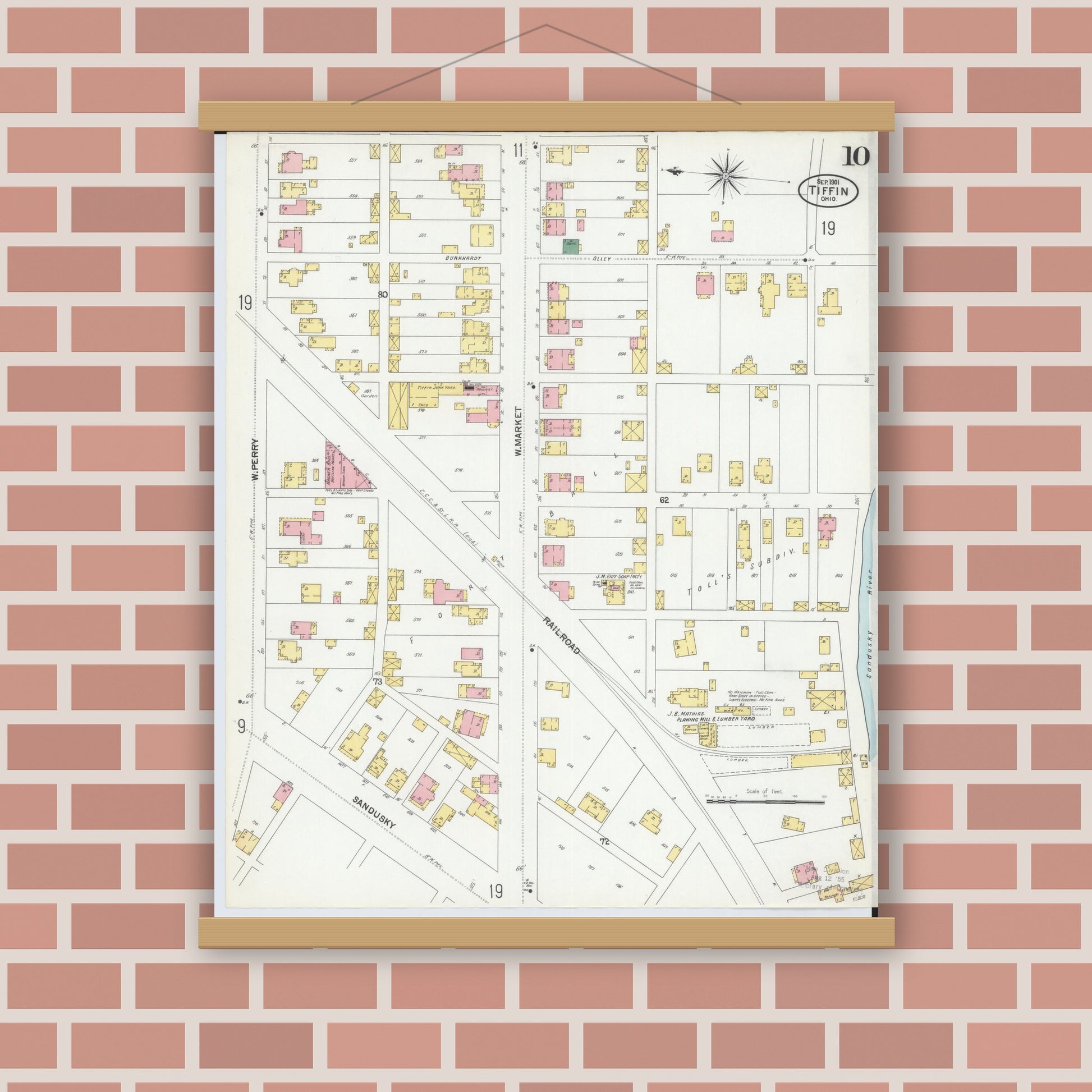 Old map wall art mockup — magnetic wood frame on brick wall — Sanborn Fire Insurance Map from Tiffin, Seneca County, Ohio (1901), Sheet #0010