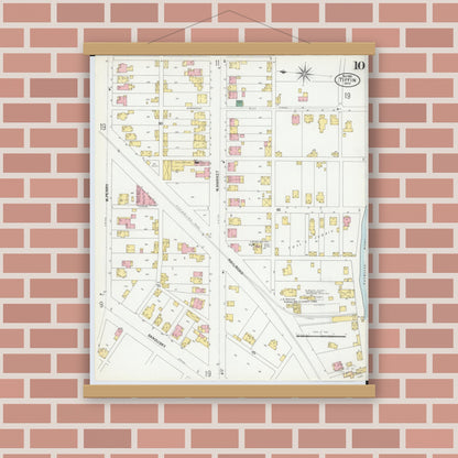 Old map wall art mockup — magnetic wood frame on brick wall — Sanborn Fire Insurance Map from Tiffin, Seneca County, Ohio (1901), Sheet #0010