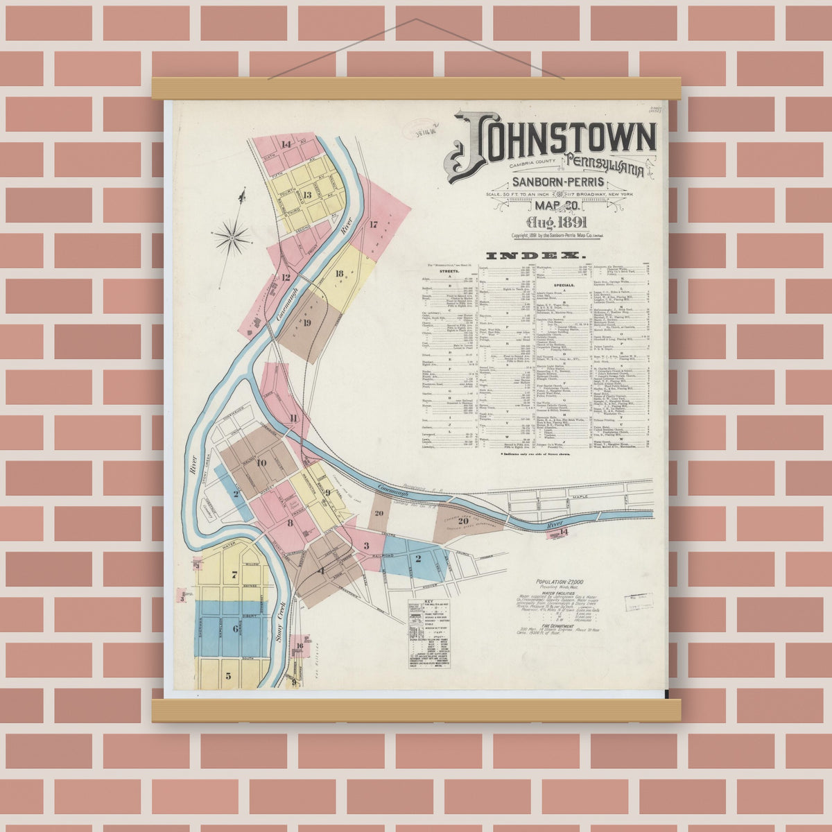 Old map wall art mockup — magnetic wood frame on brick wall — Sanborn Fire Insurance Map from Johnstown, Cambria County, Pennsylvania (1891), Sheet #0001