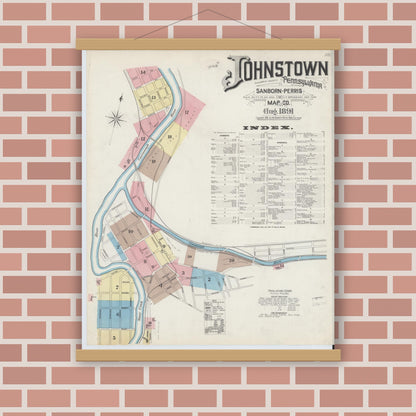 Old map wall art mockup — magnetic wood frame on brick wall — Sanborn Fire Insurance Map from Johnstown, Cambria County, Pennsylvania (1891), Sheet #0001
