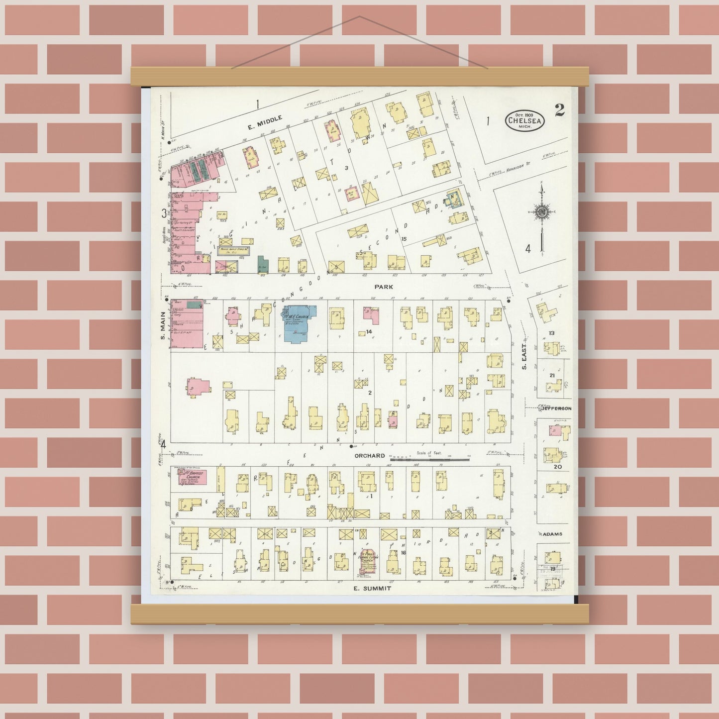 Old map wall art mockup — magnetic wood frame on brick wall — Sanborn Fire Insurance Map from Chelsea, Washtenaw County, Michigan (1909), Sheet #0002