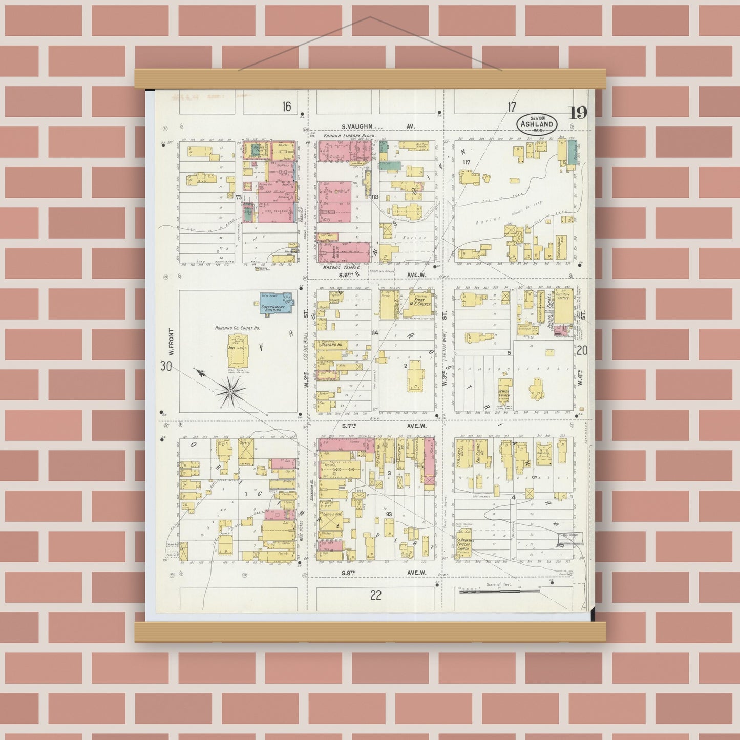 Old map wall art mockup — magnetic wood frame on brick wall — Sanborn Fire Insurance Map from Ashland, Ashland County, Wisconsin (1901), Sheet #0019