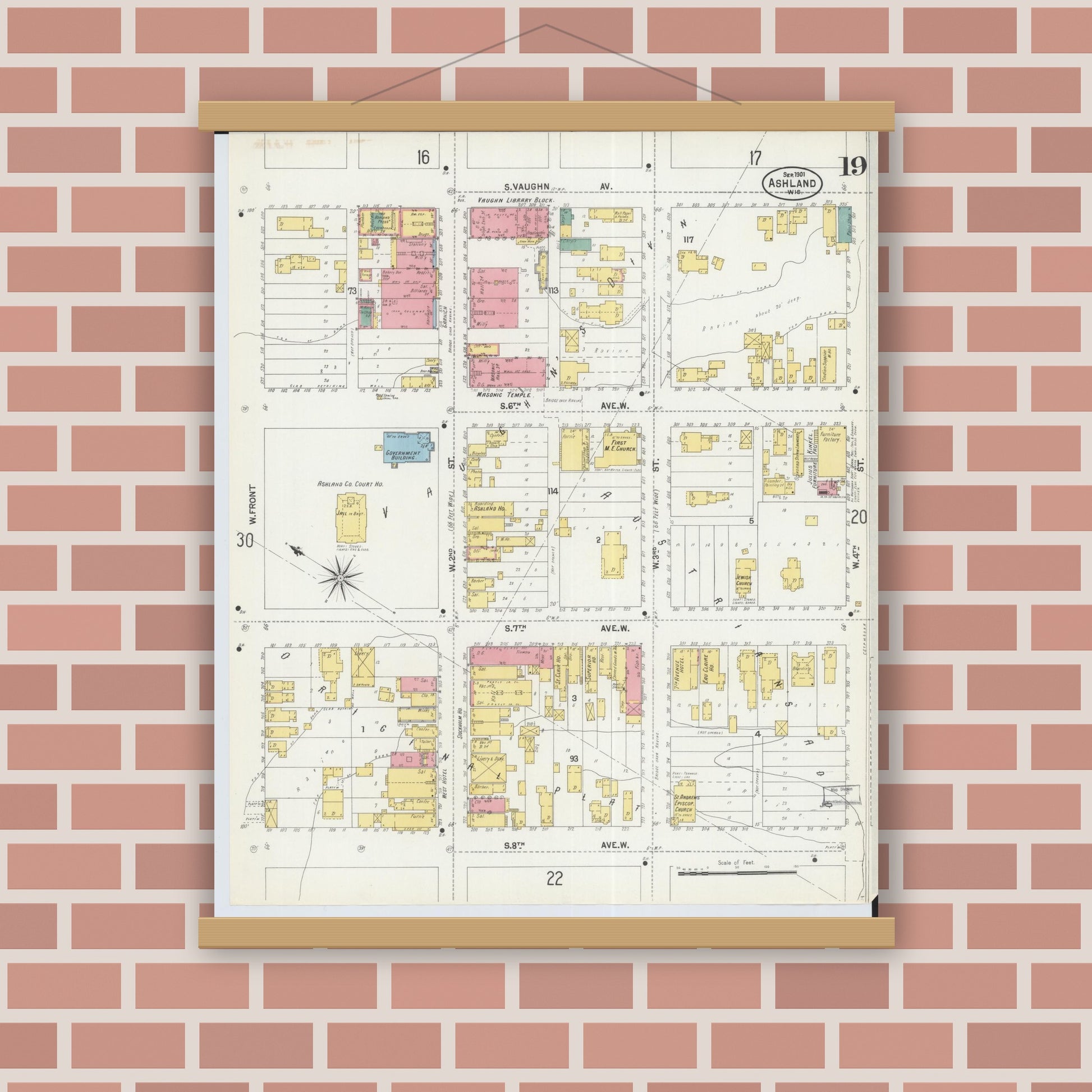 Old map wall art mockup — magnetic wood frame on brick wall — Sanborn Fire Insurance Map from Ashland, Ashland County, Wisconsin (1901), Sheet #0019