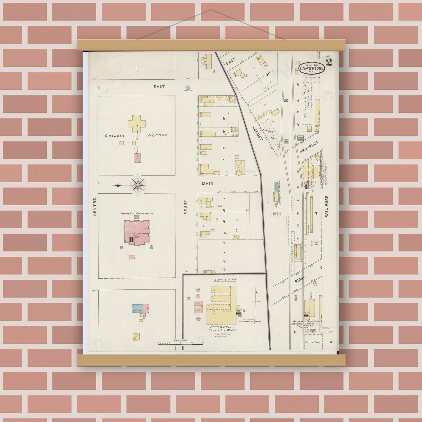 Old map wall art mockup — magnetic wood frame on brick wall — Sanborn Fire Insurance Map from Cambridge, Henry County, Illinois (1894), Sheet #0002