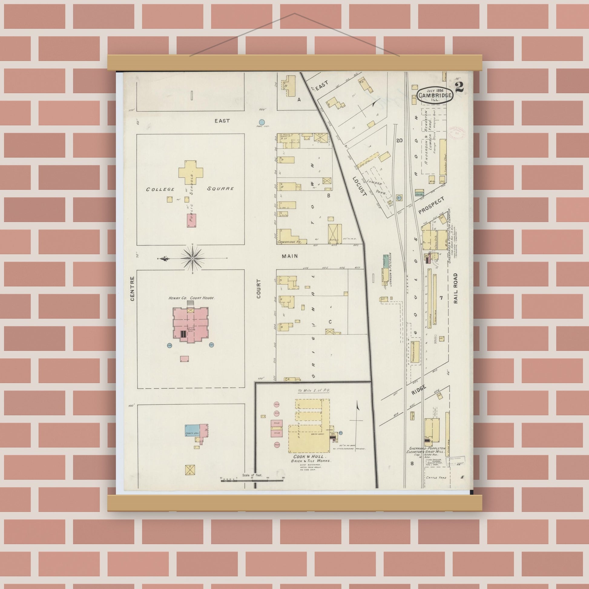 Old map wall art mockup — magnetic wood frame on brick wall — Sanborn Fire Insurance Map from Cambridge, Henry County, Illinois (1894), Sheet #0002