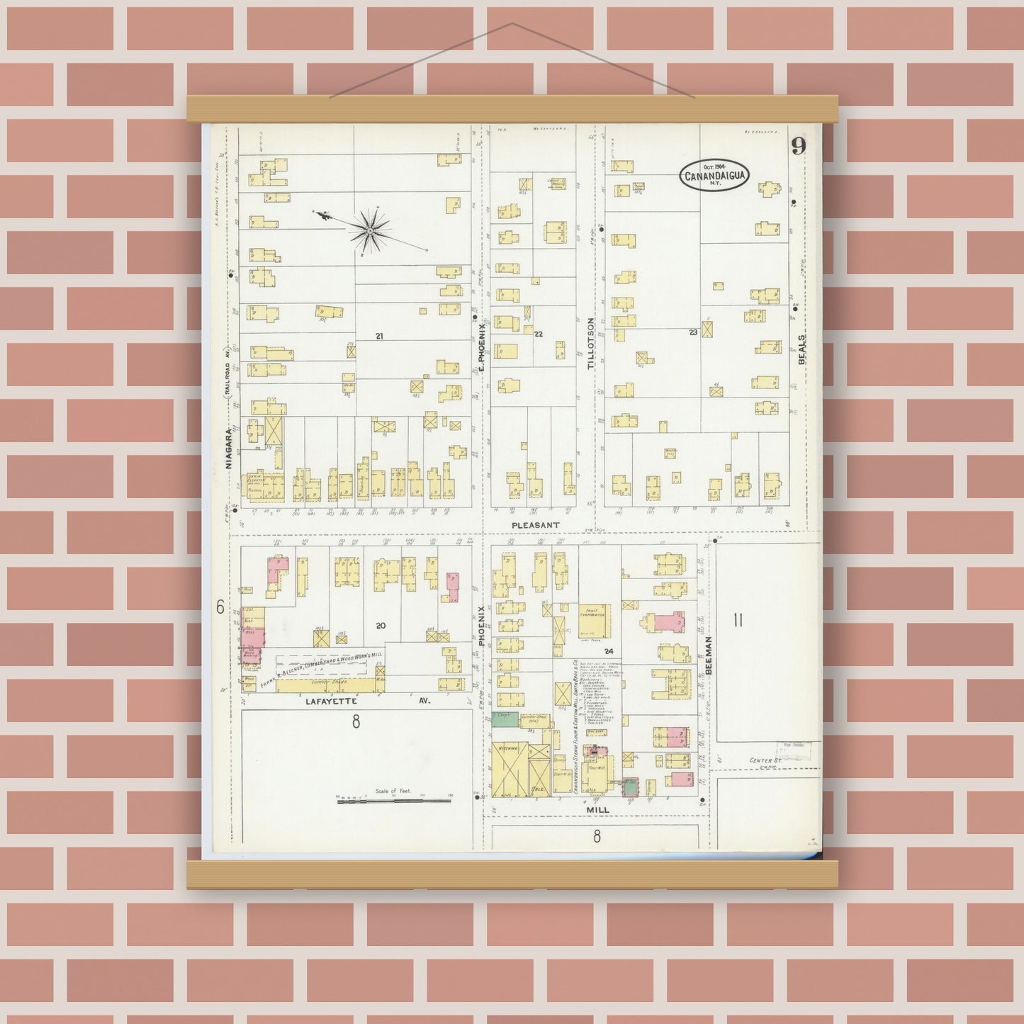 Old map wall art mockup — magnetic wood frame on brick wall — Sanborn Fire Insurance Map from Canandaigua, Ontario County, New York (1904), Sheet #0009