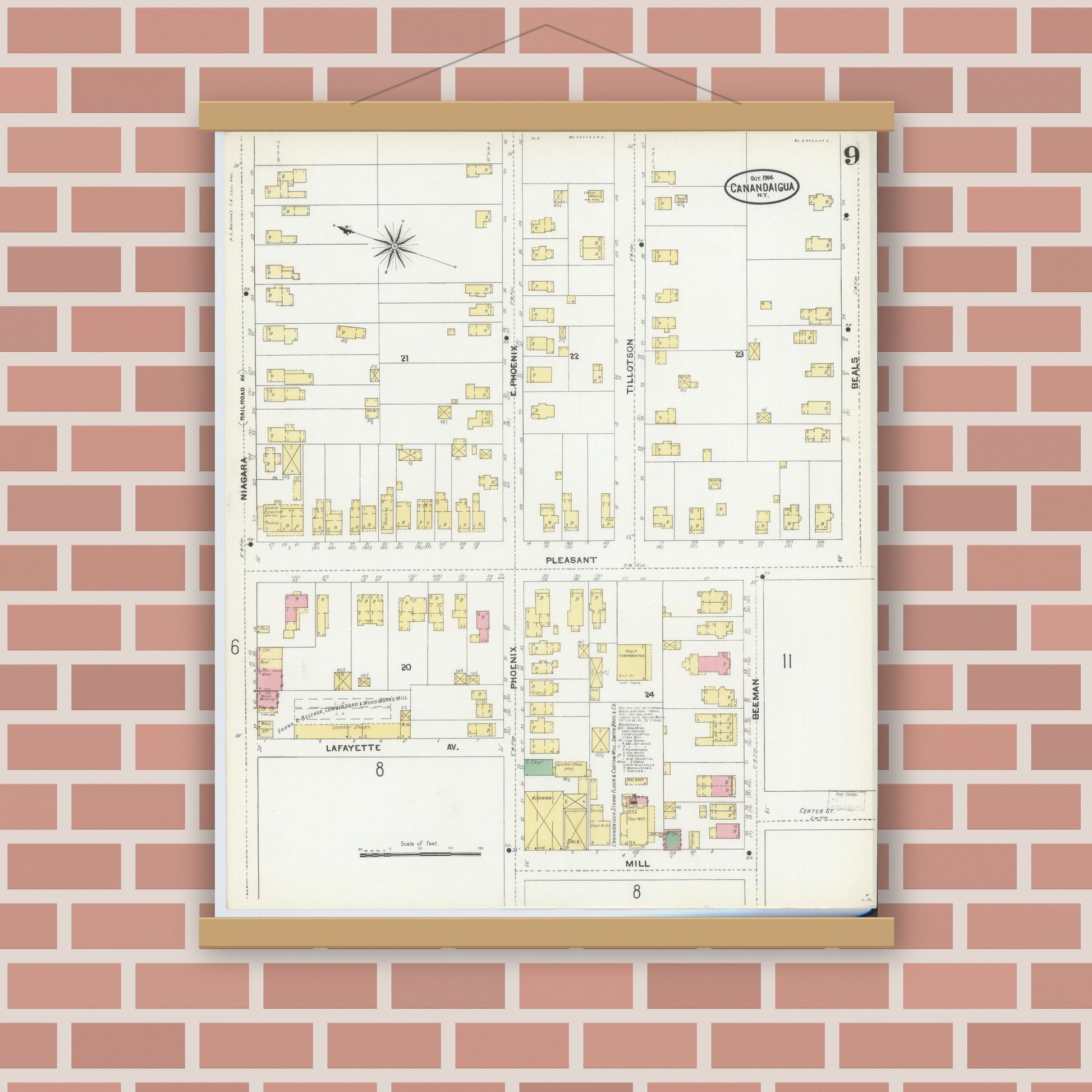 Old map wall art mockup — magnetic wood frame on brick wall — Sanborn Fire Insurance Map from Canandaigua, Ontario County, New York (1904), Sheet #0009
