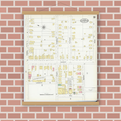 Old map wall art mockup — magnetic wood frame on brick wall — Sanborn Fire Insurance Map from Canandaigua, Ontario County, New York (1904), Sheet #0009