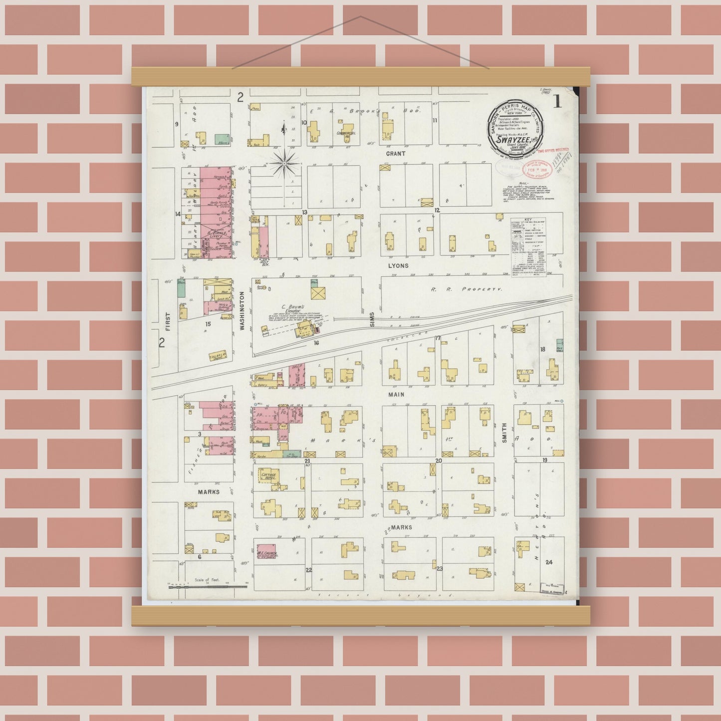 Old map wall art mockup — magnetic wood frame on brick wall — Sanborn Fire Insurance Map from Swayzee, Grant County, Indiana (1898) - Complete Map Set