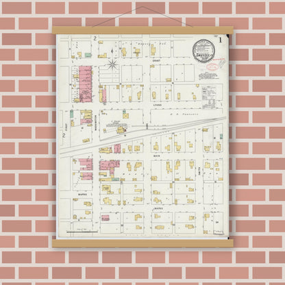 Old map wall art mockup — magnetic wood frame on brick wall — Sanborn Fire Insurance Map from Swayzee, Grant County, Indiana (1898) - Complete Map Set