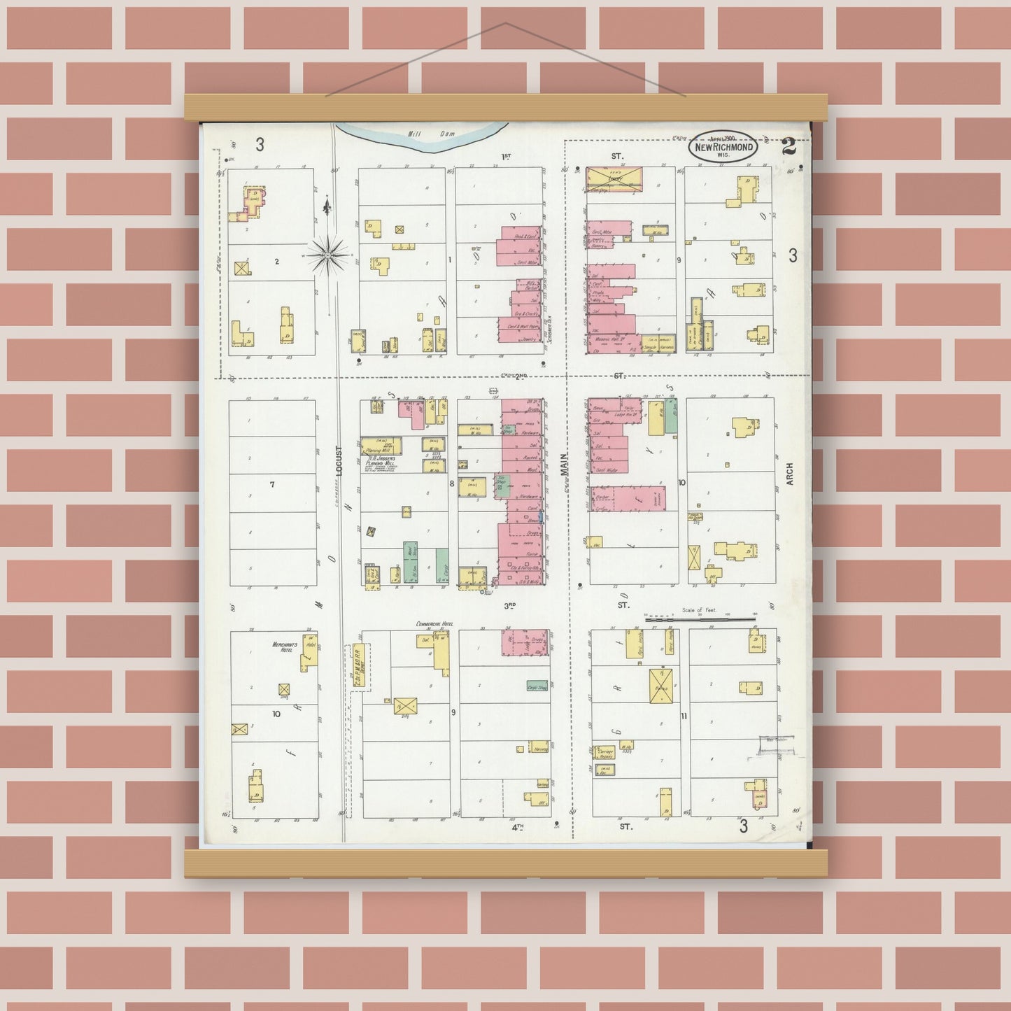 Old map wall art mockup — magnetic wood frame on brick wall — Sanborn Fire Insurance Map from New Richmond, St. Croix County, Wisconsin (1900), Sheet #0002