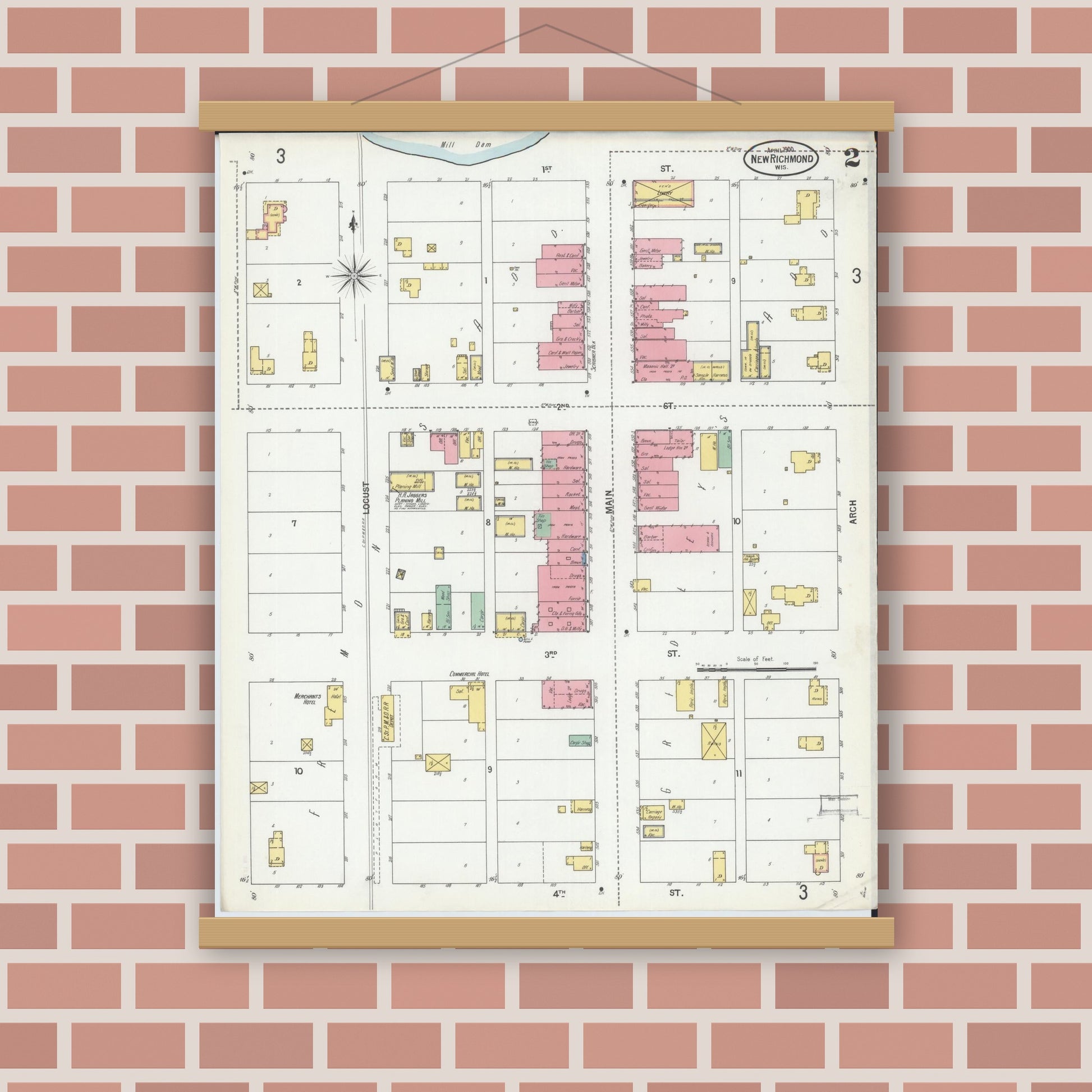 Old map wall art mockup — magnetic wood frame on brick wall — Sanborn Fire Insurance Map from New Richmond, St. Croix County, Wisconsin (1900), Sheet #0002
