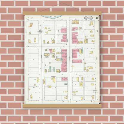 Old map wall art mockup — magnetic wood frame on brick wall — Sanborn Fire Insurance Map from New Richmond, St. Croix County, Wisconsin (1900), Sheet #0002