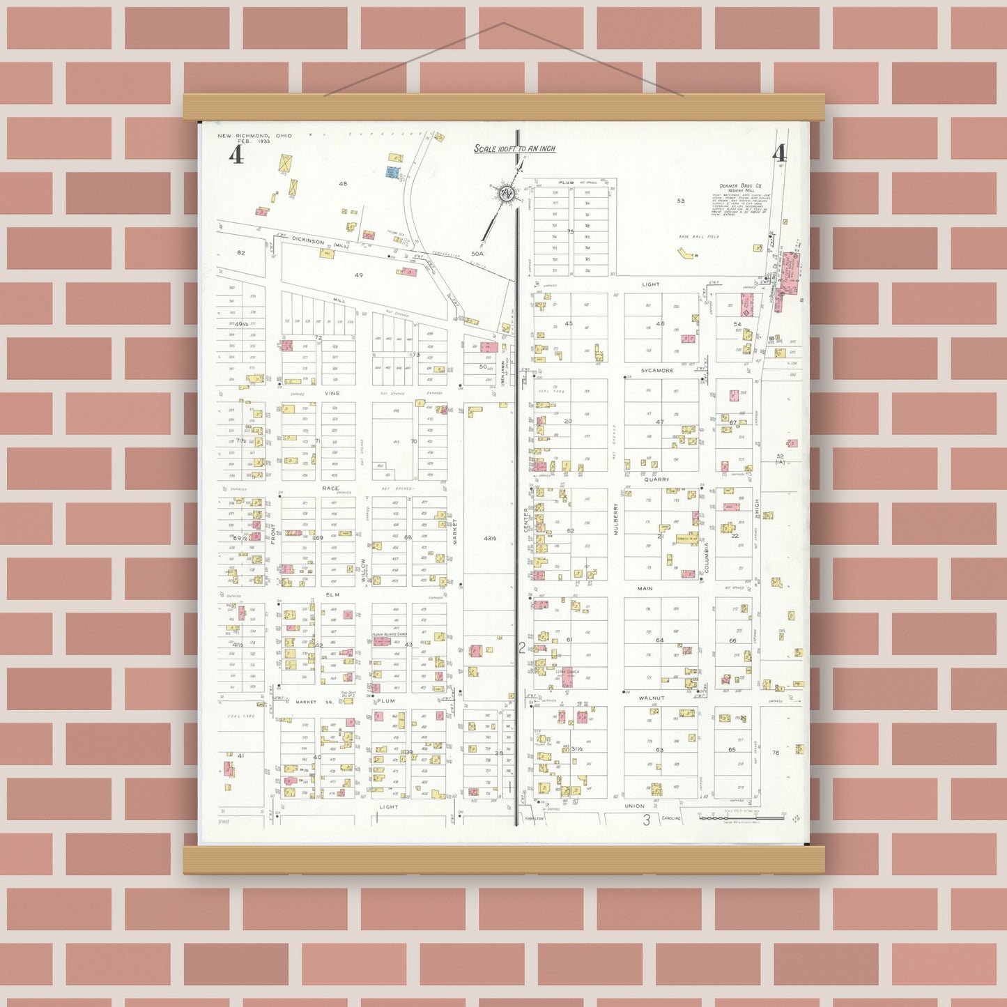 Old map wall art mockup — magnetic wood frame on brick wall — Sanborn Fire Insurance Map from New Richmond, Clermont County, Ohio (1933), Sheet #0004