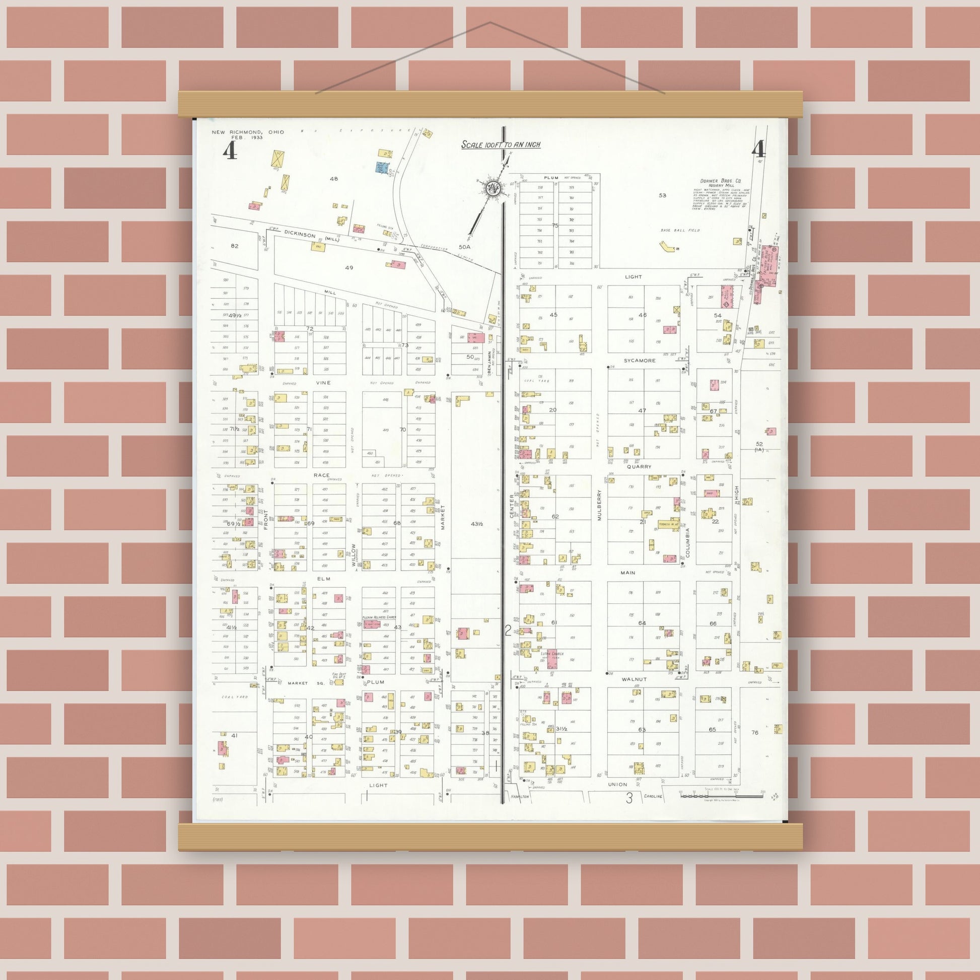 Old map wall art mockup — magnetic wood frame on brick wall — Sanborn Fire Insurance Map from New Richmond, Clermont County, Ohio (1933), Sheet #0004