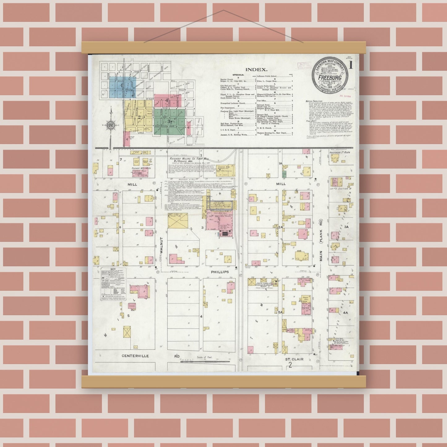 Old map wall art mockup — magnetic wood frame on brick wall — Sanborn Fire Insurance Map from Freeburg, Saint Clair County, Illinois (1910), Sheet #0001