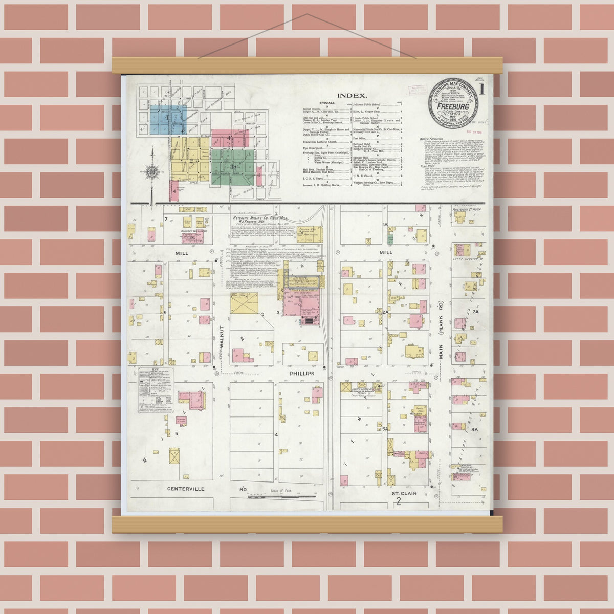 Old map wall art mockup — magnetic wood frame on brick wall — Sanborn Fire Insurance Map from Freeburg, Saint Clair County, Illinois (1910), Sheet #0001