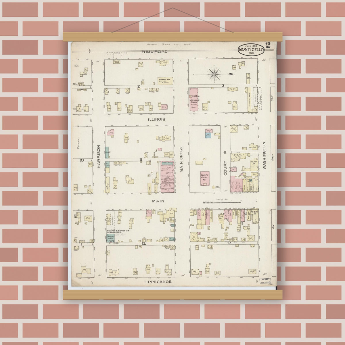 Old map wall art mockup — magnetic wood frame on brick wall — Sanborn Fire Insurance Map from Monticello, White County, Indiana (1886), Sheet #0002