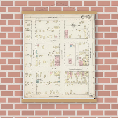 Old map wall art mockup — magnetic wood frame on brick wall — Sanborn Fire Insurance Map from Monticello, White County, Indiana (1886), Sheet #0002
