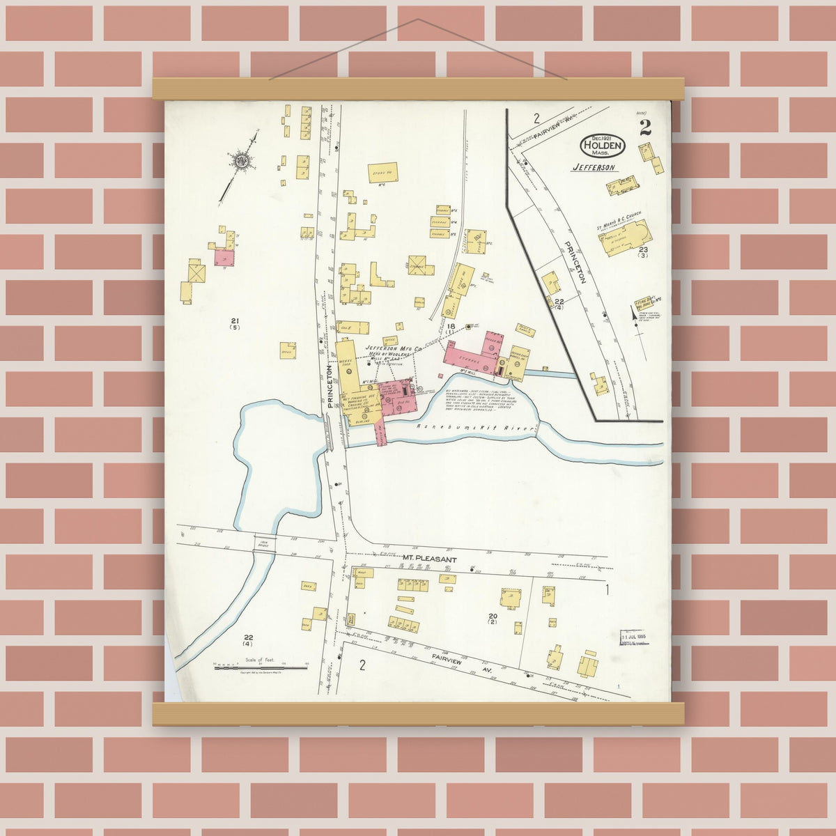 Old map wall art mockup — magnetic wood frame on brick wall — Sanborn Fire Insurance Map from Holden, Worcester County, Massachusetts (1921), Sheet #0002