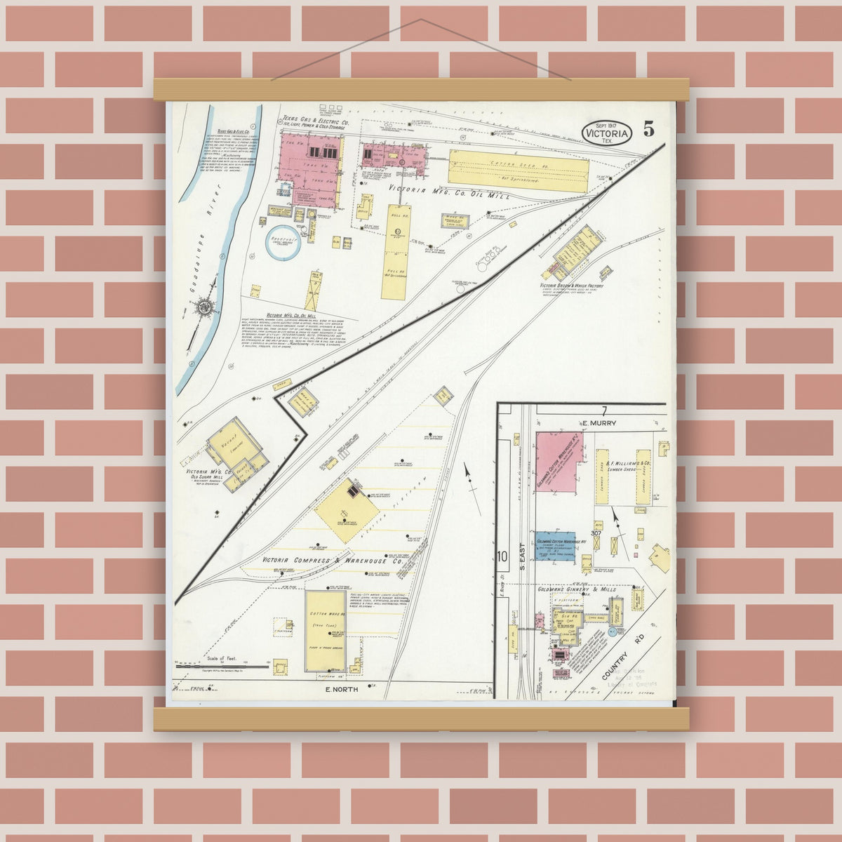 Old map wall art mockup — magnetic wood frame on brick wall — Sanborn Fire Insurance Map from Victoria, Victoria County, Texas (1917), Sheet #0005
