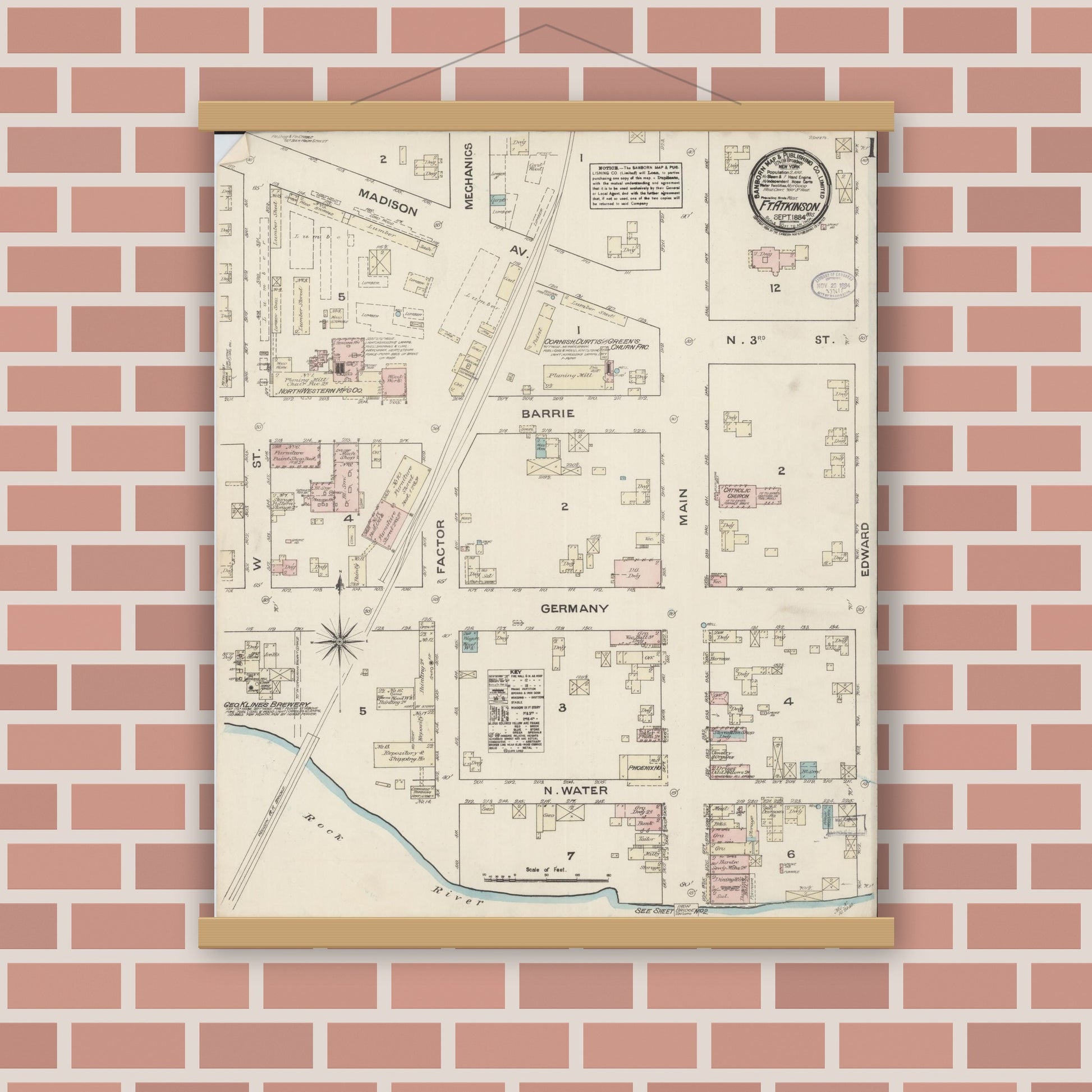 Old map wall art mockup — magnetic wood frame on brick wall — Sanborn Fire Insurance Map from Fort Atkinson, Jefferson County, Wisconsin (1884) - Complete Map Set