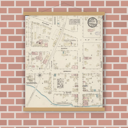Old map wall art mockup — magnetic wood frame on brick wall — Sanborn Fire Insurance Map from Fort Atkinson, Jefferson County, Wisconsin (1884) - Complete Map Set