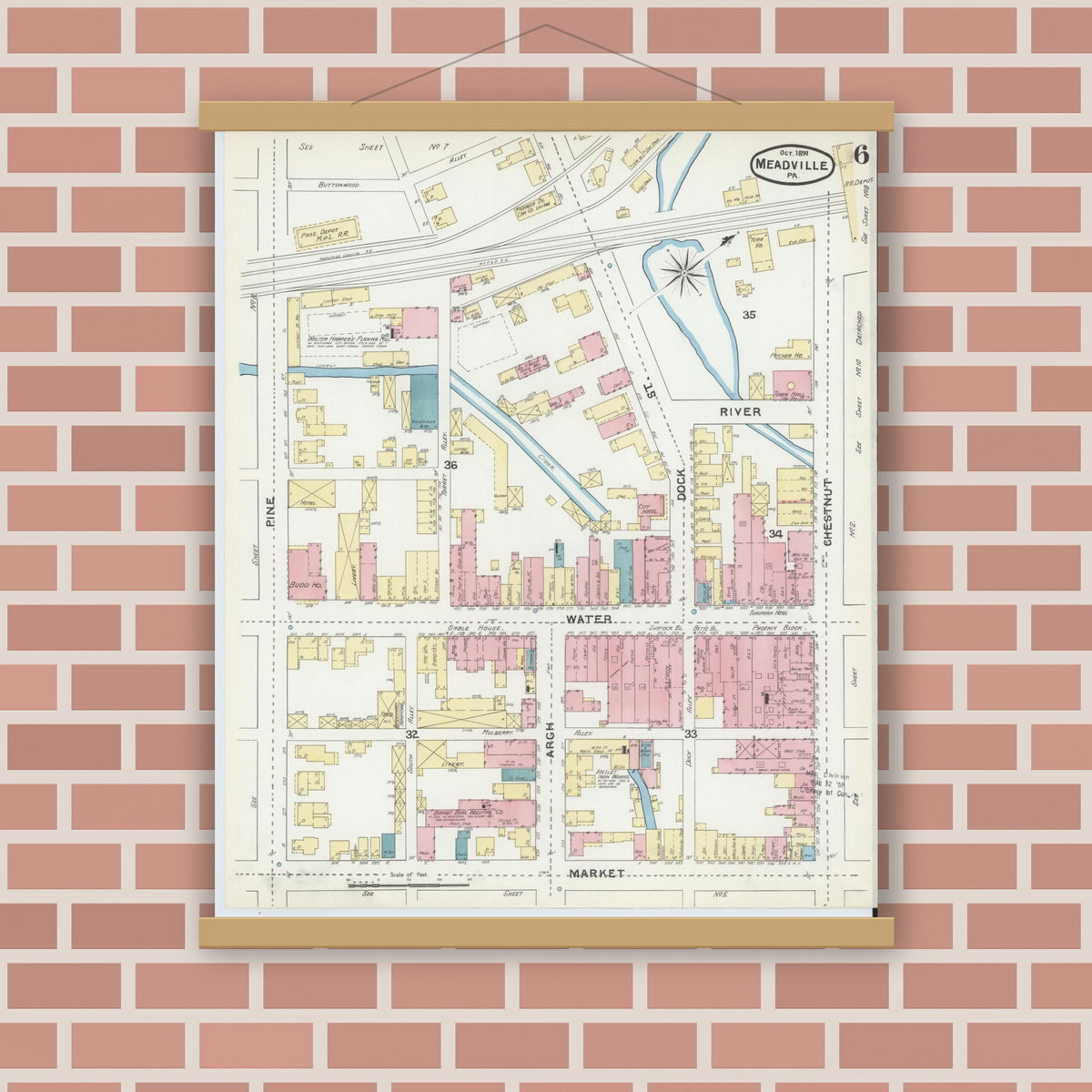 Old map wall art mockup — magnetic wood frame on brick wall — Sanborn Fire Insurance Map from Meadville, Crawford County, Pennsylvania (1891), Sheet #0006