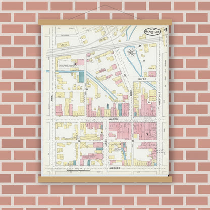 Old map wall art mockup — magnetic wood frame on brick wall — Sanborn Fire Insurance Map from Meadville, Crawford County, Pennsylvania (1891), Sheet #0006
