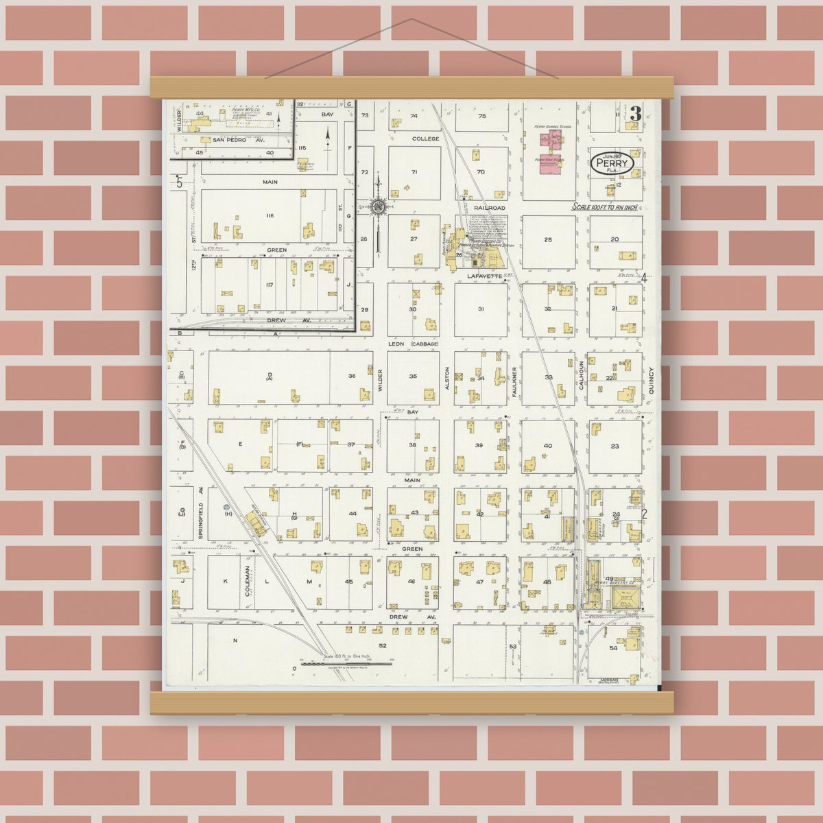 Old map wall art mockup — magnetic wood frame on brick wall — Sanborn Fire Insurance Map from Perry, Taylor County, Florida (1917), Sheet #0003