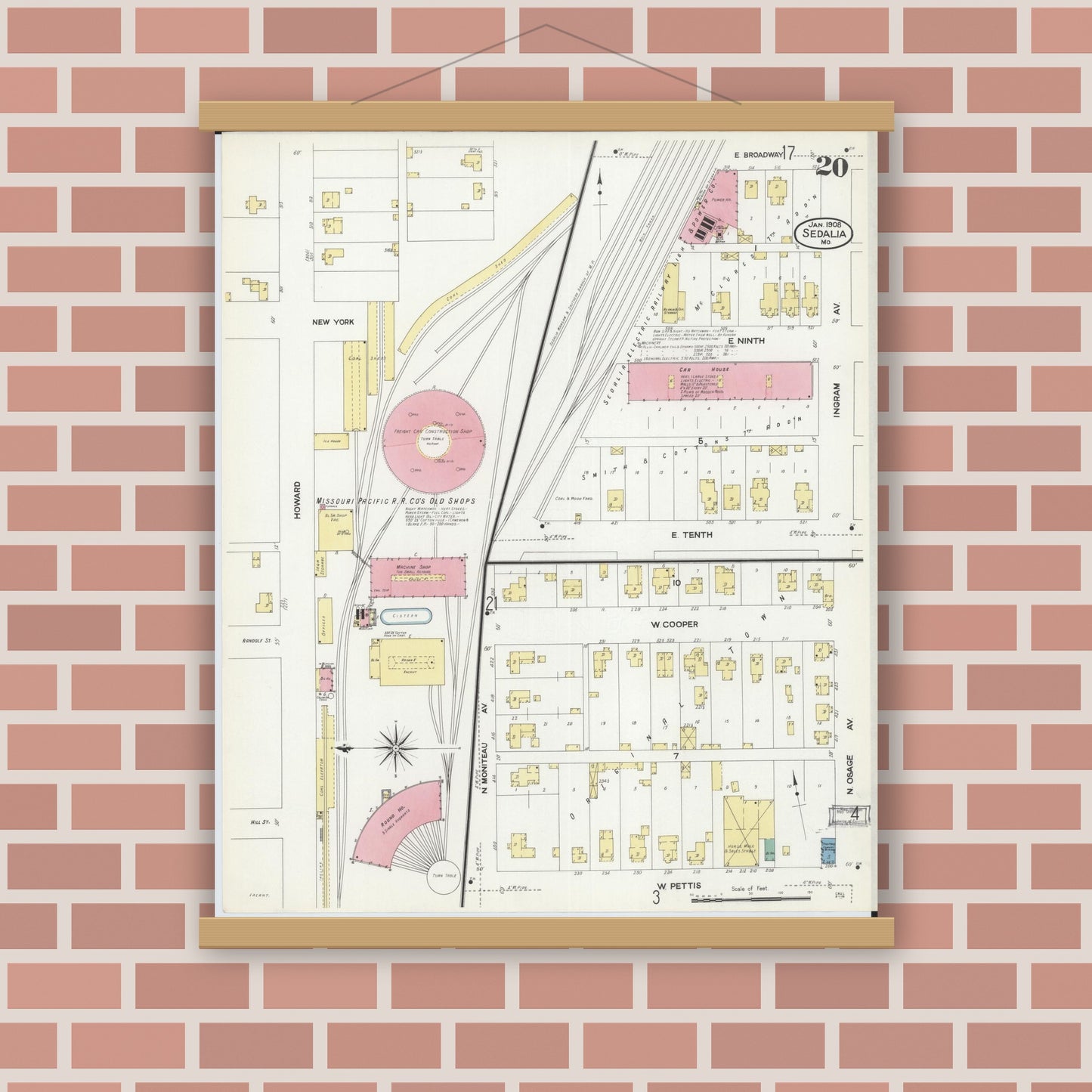 Old map wall art mockup — magnetic wood frame on brick wall — Sanborn Fire Insurance Map from Sedalia, Pettis County, Missouri (1908), Sheet #0020