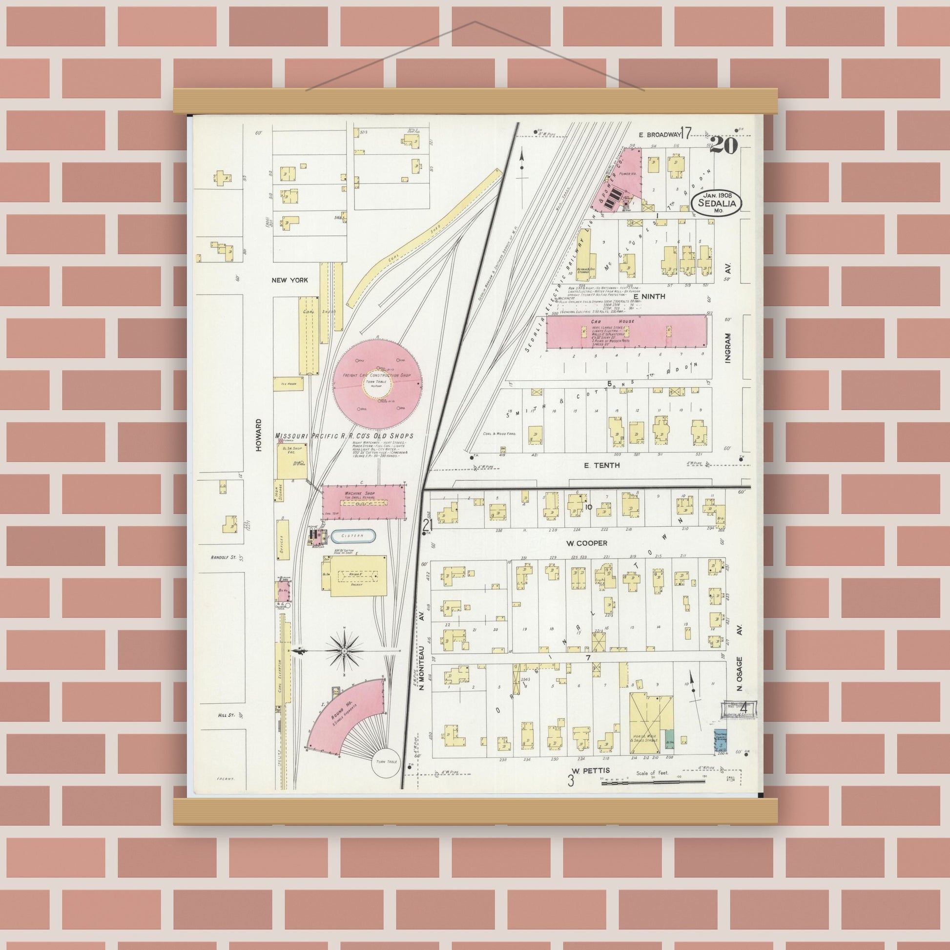 Old map wall art mockup — magnetic wood frame on brick wall — Sanborn Fire Insurance Map from Sedalia, Pettis County, Missouri (1908), Sheet #0020