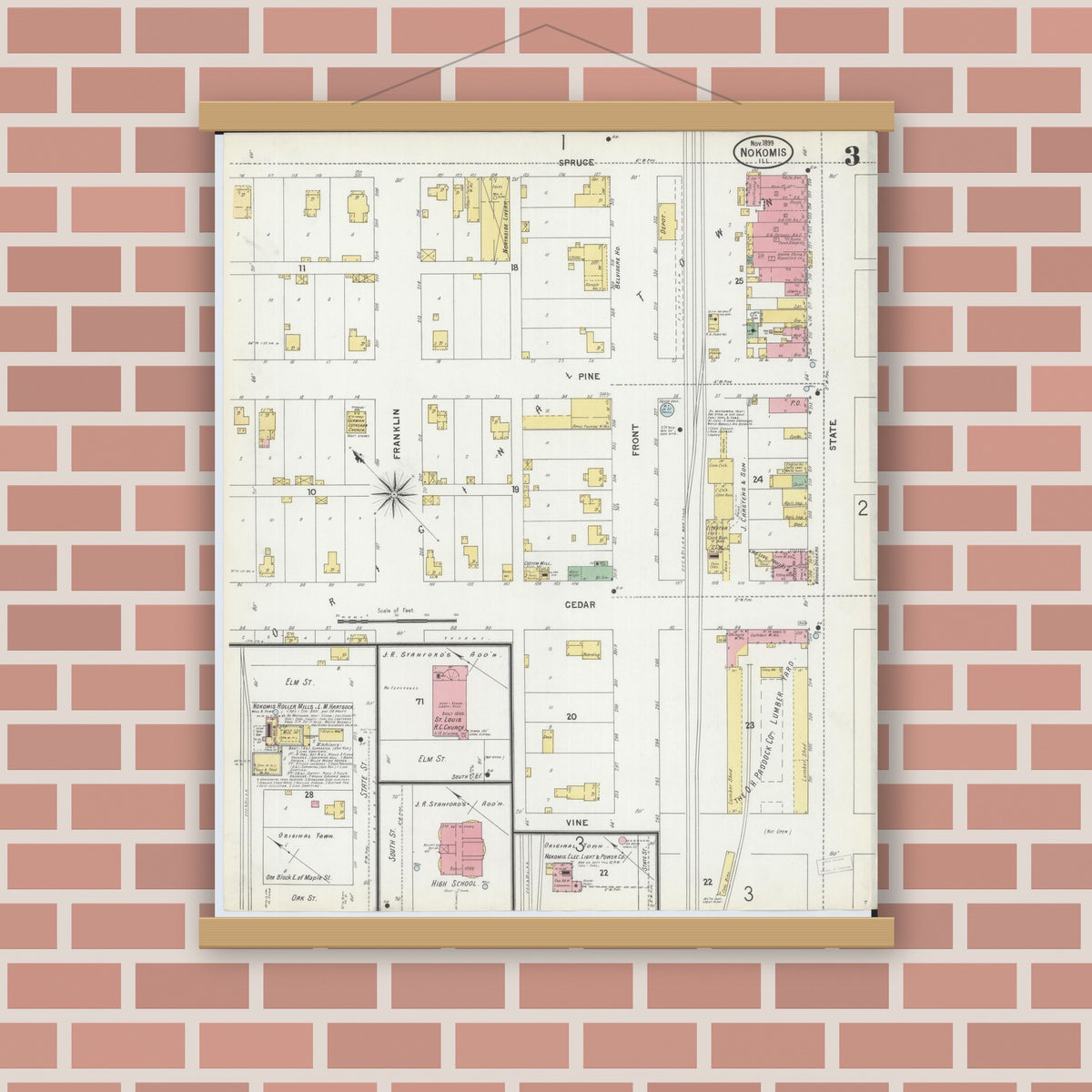 Old map wall art mockup — magnetic wood frame on brick wall — Sanborn Fire Insurance Map from Nokomis, Montgomery County, Illinois (1899), Sheet #0003